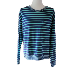 GAP Navy Green Striped Long Sleeve Crewneck Top Size Large EUC